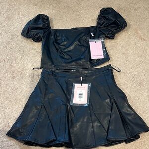 Avec Les Filles Black Faux Leather Puff Sleeve Crop Top & Flared Mini Skirt Set